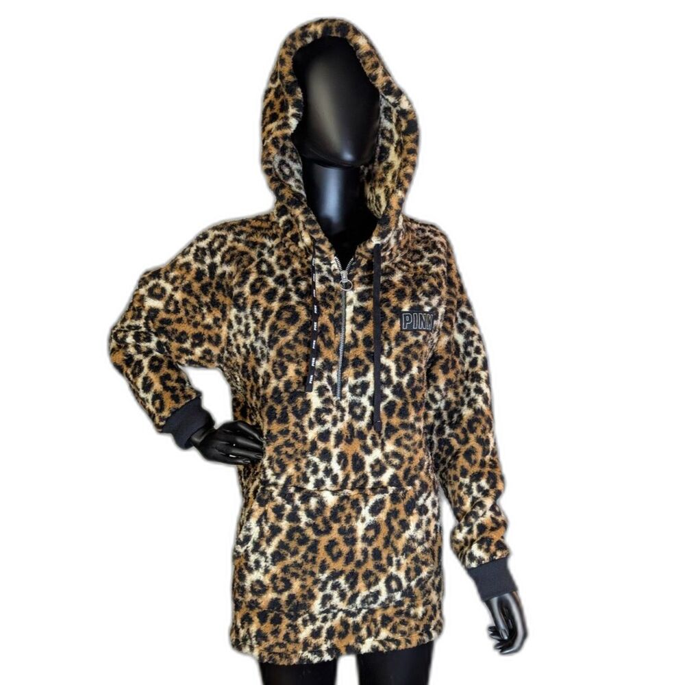 Victoria’s Secret PINK Leopard Sherpa Hoodie Pullover Half Zip Fleece